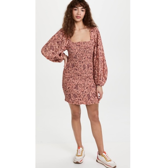 New FREE PEOPLE Smock It To Me Minidress in Apricot Combo Size M - Picture 4 of 16